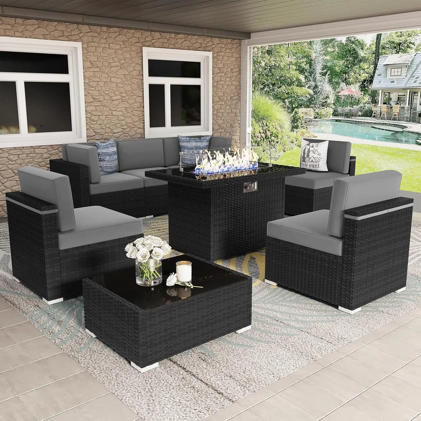Outdoor Sectional Wicker Sofa Set with Fire Pit Table