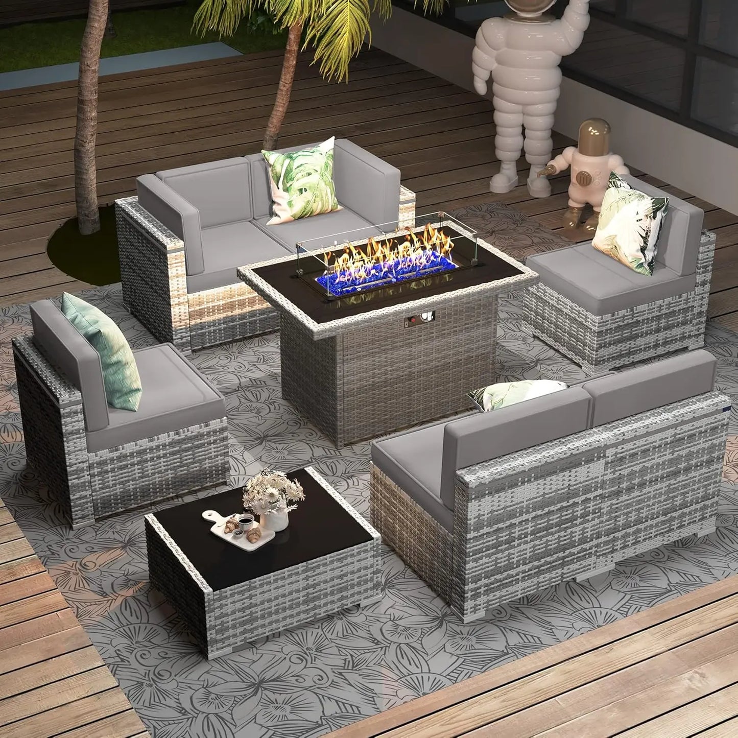 Outdoor Sectional Wicker Sofa Set with Fire Pit Table