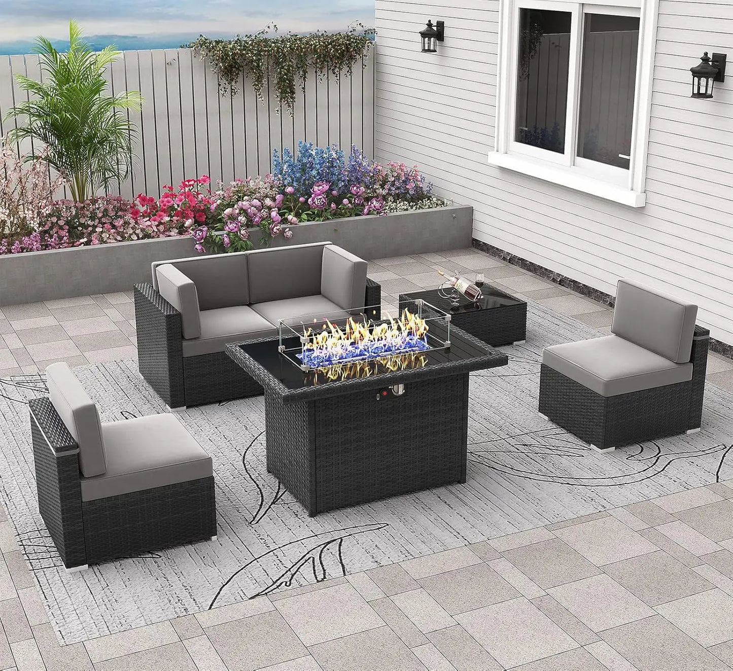 Outdoor Sectional Wicker Sofa Set with Fire Pit Table