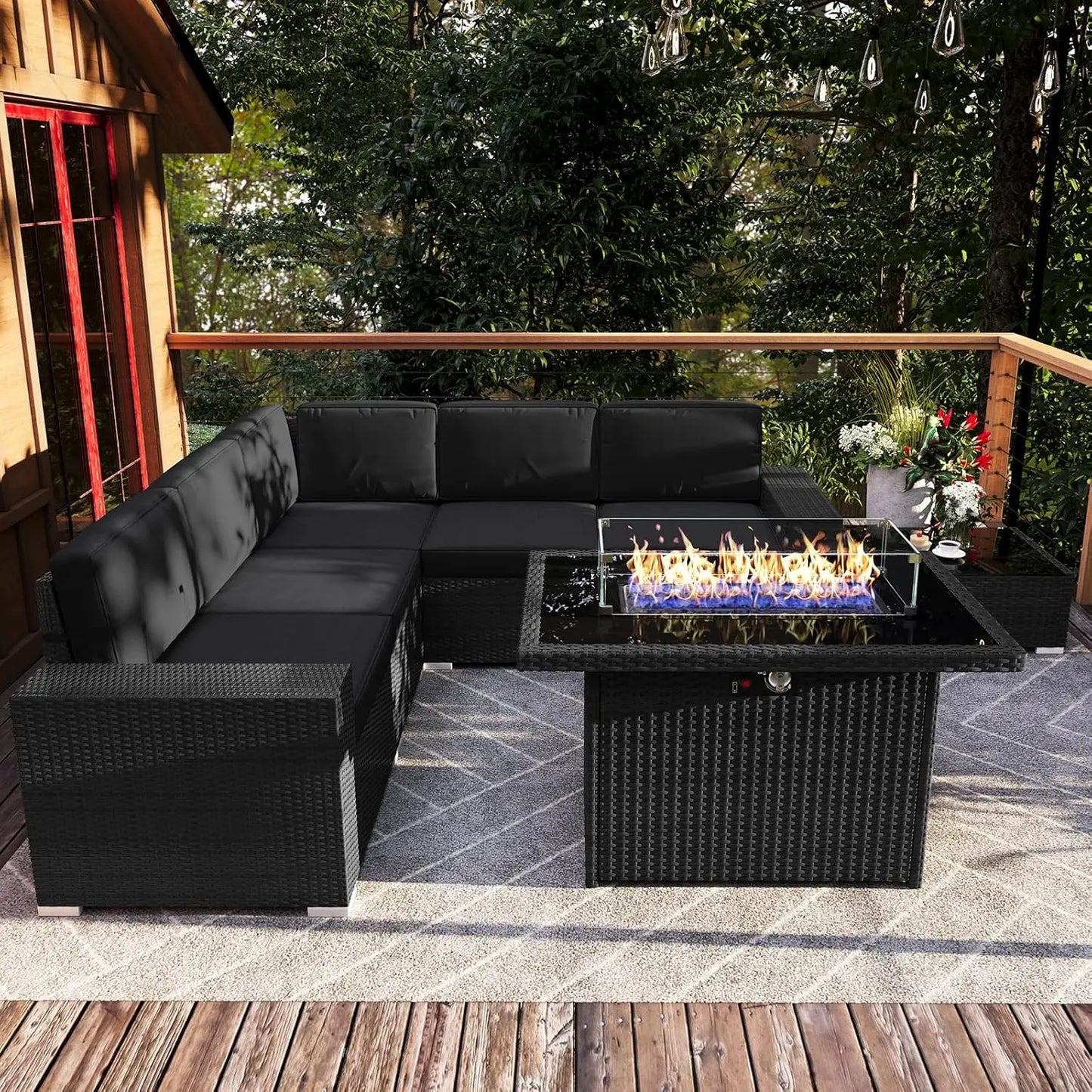 Outdoor Sectional Wicker Sofa Set with Fire Pit Table