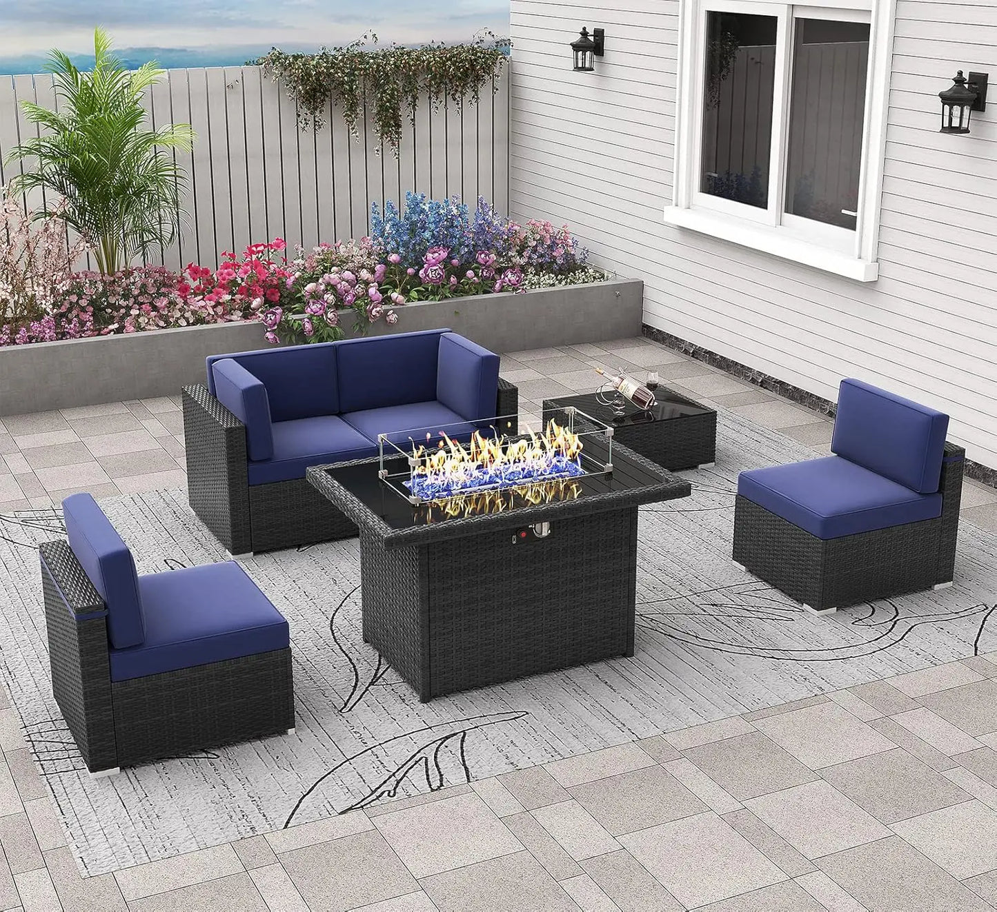 Outdoor Sectional Wicker Sofa Set with Fire Pit Table