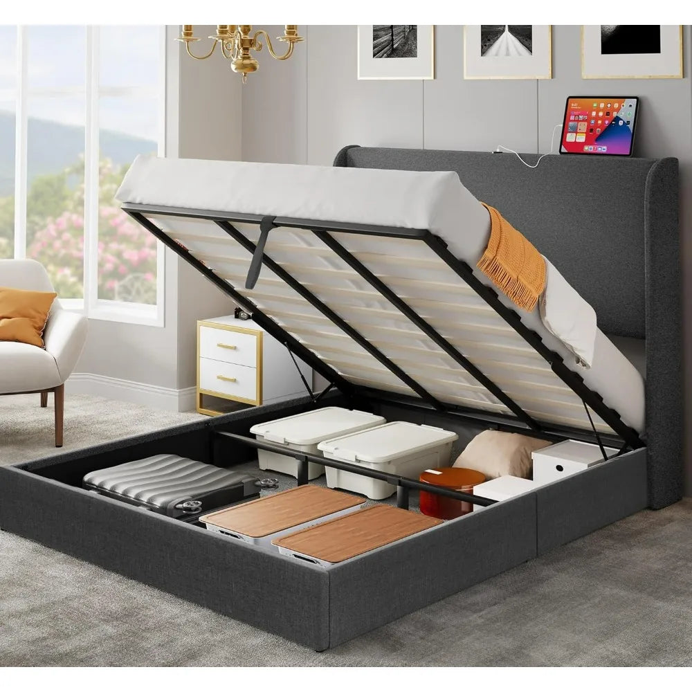 Upholstered Platform Bed Frame with Lift Up Storage and Charging Ports