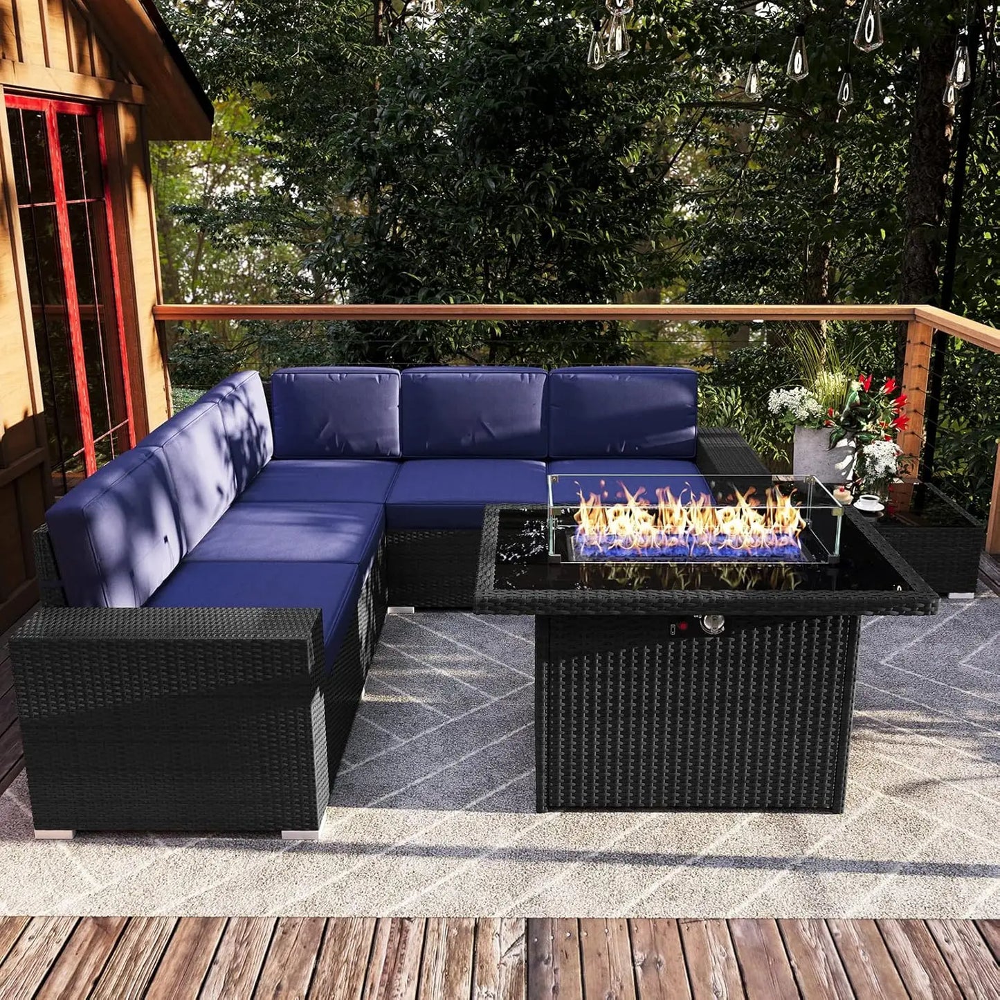 Outdoor Sectional Wicker Sofa Set with Fire Pit Table