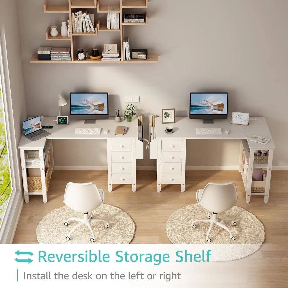 L Shaped Computer Desk with Drawers & Storage Shelves