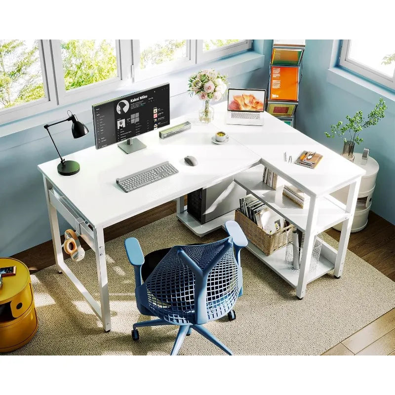 L Shaped Computer Desk with Storage Shelves & PC Stand