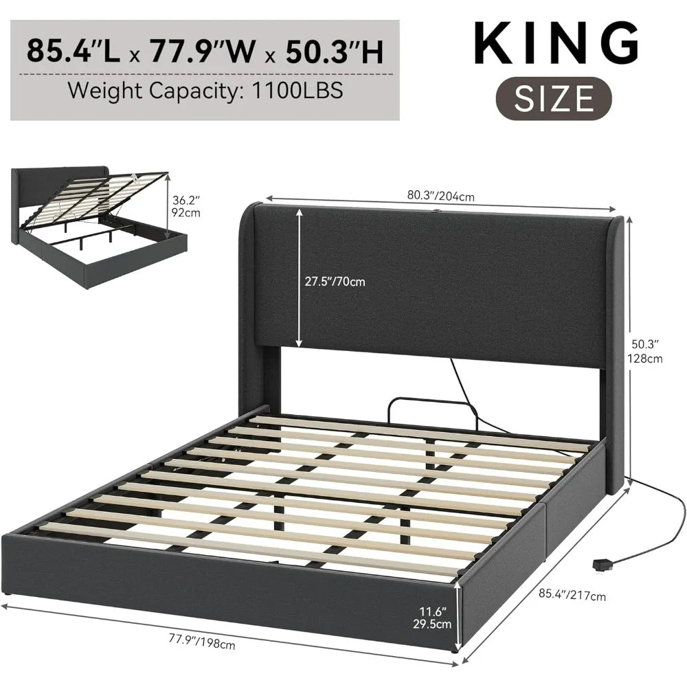 Upholstered Platform Bed Frame with Lift Up Storage and Charging Ports