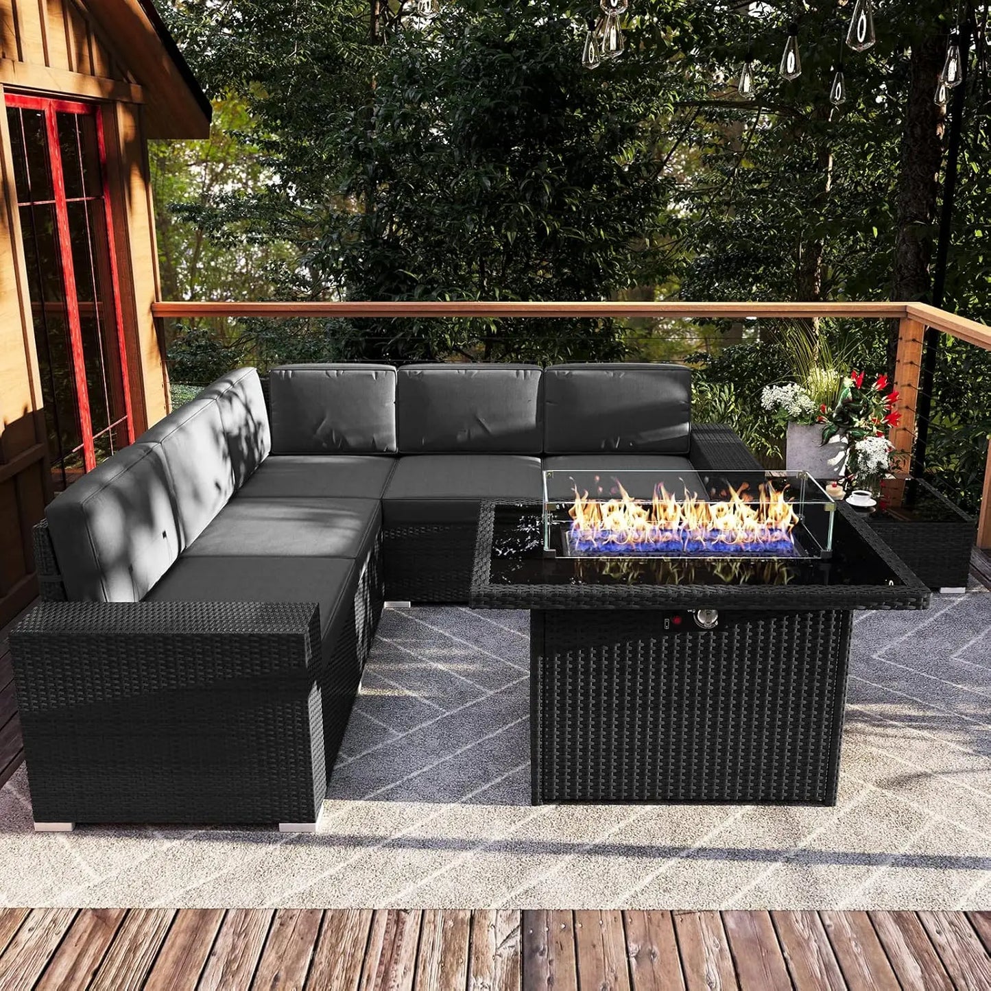 Outdoor Sectional Wicker Sofa Set with Fire Pit Table