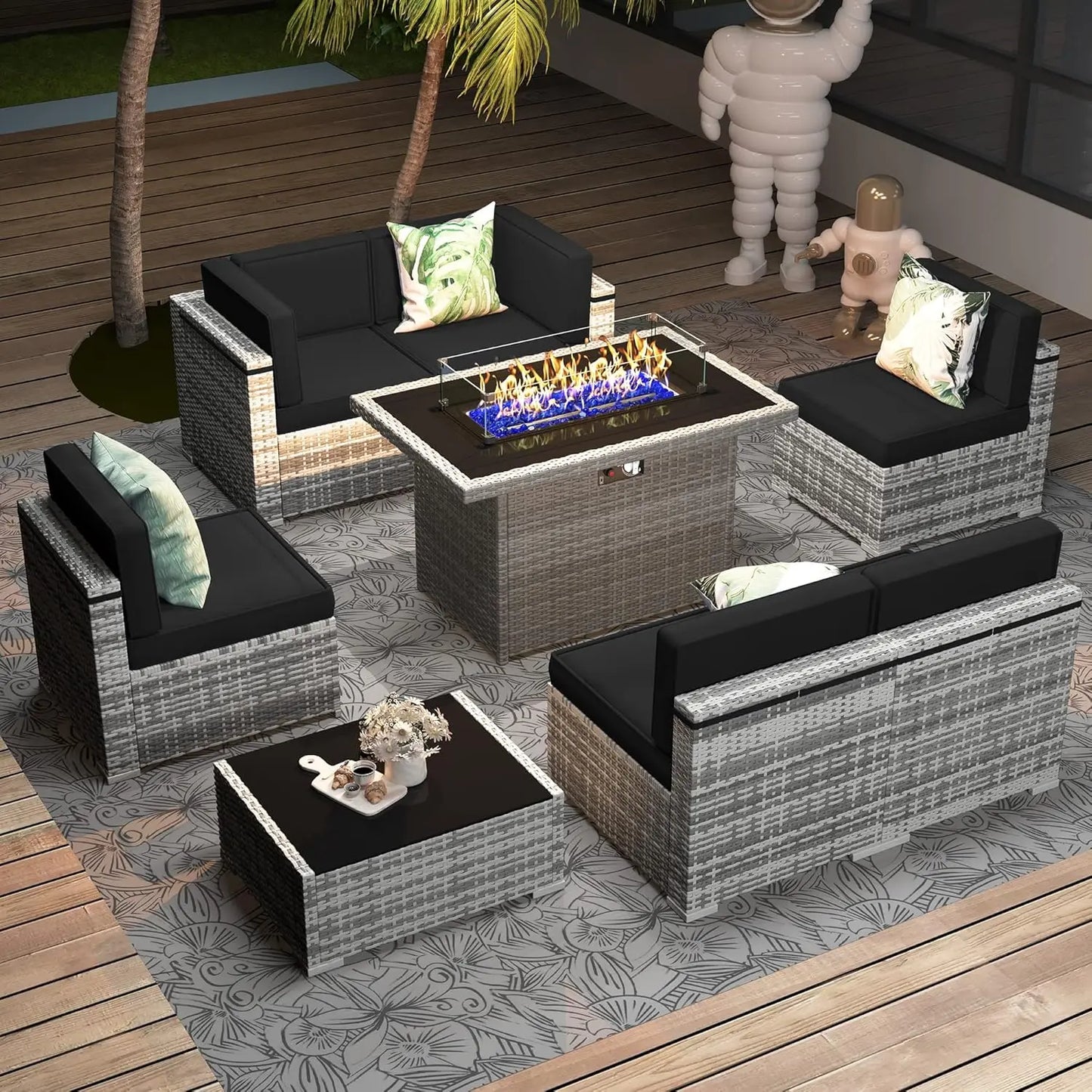 Outdoor Sectional Wicker Sofa Set with Fire Pit Table