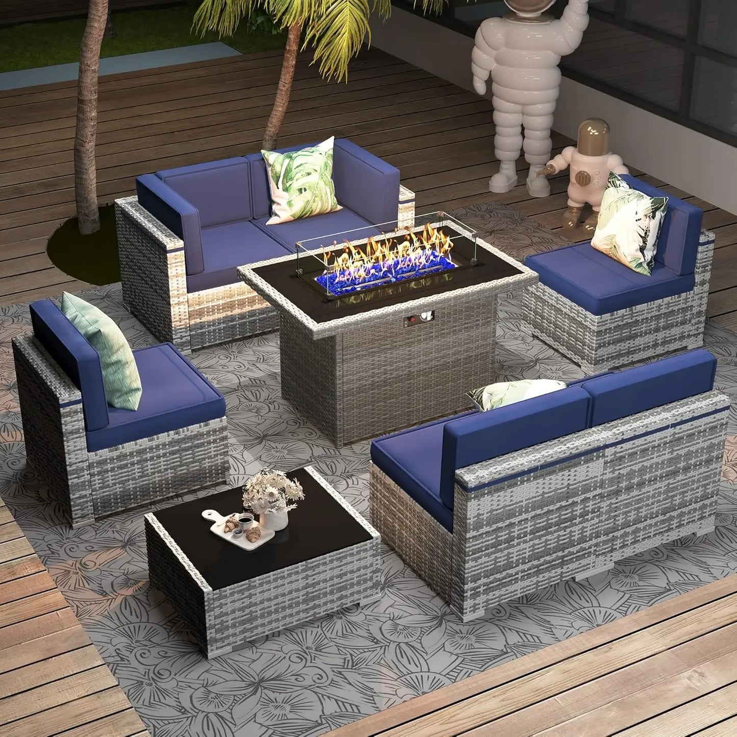 Outdoor Sectional Wicker Sofa Set with Fire Pit Table