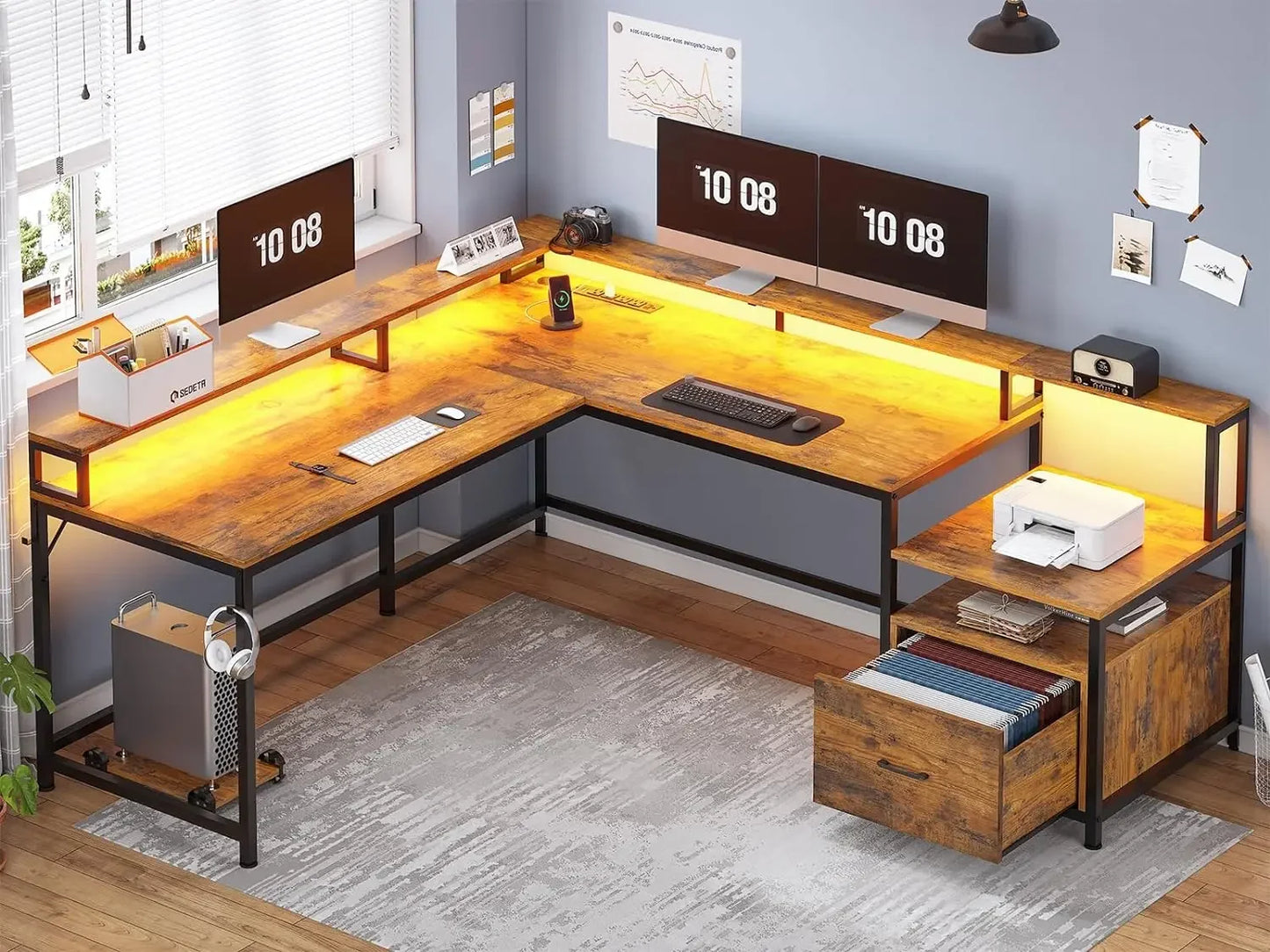 Convertible Desk with Charging Station and LED Lights