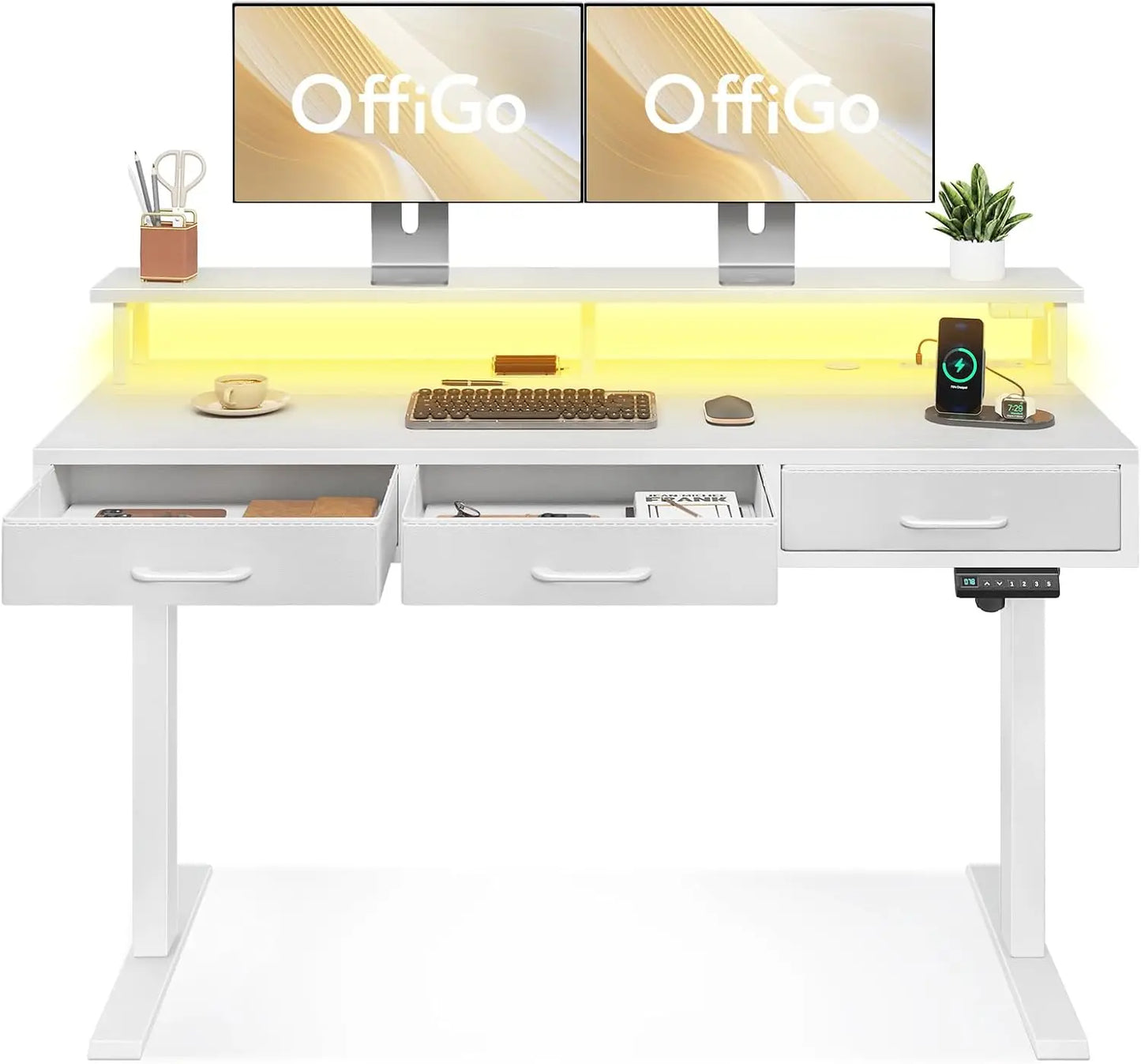Height Adjustable Desk with Drawers, Power Outlets & LED Lights
