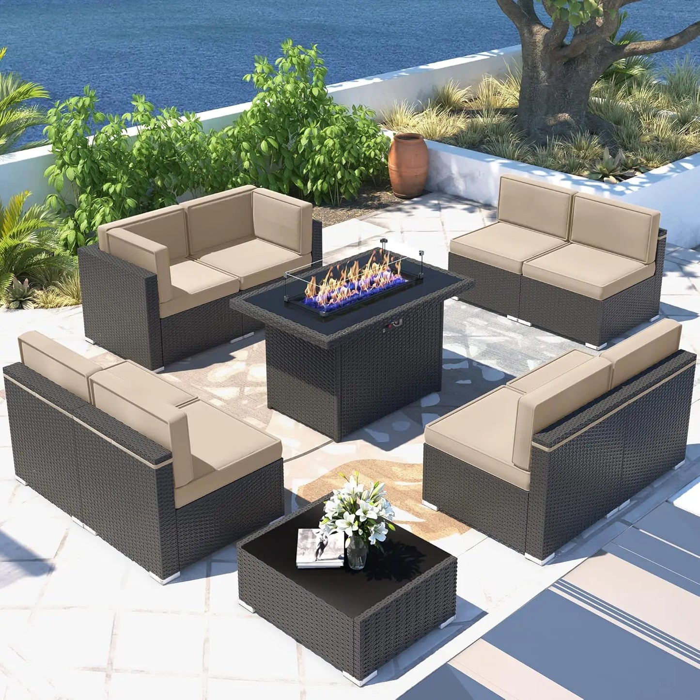 Outdoor Sectional Wicker Sofa Set with Fire Pit Table