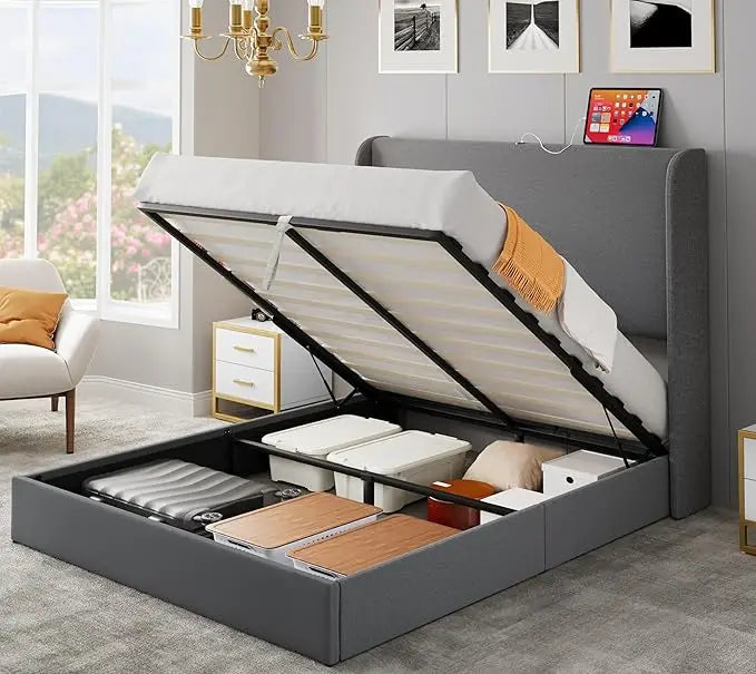 Upholstered Platform Bed Frame with Lift Up Storage and Charging Ports