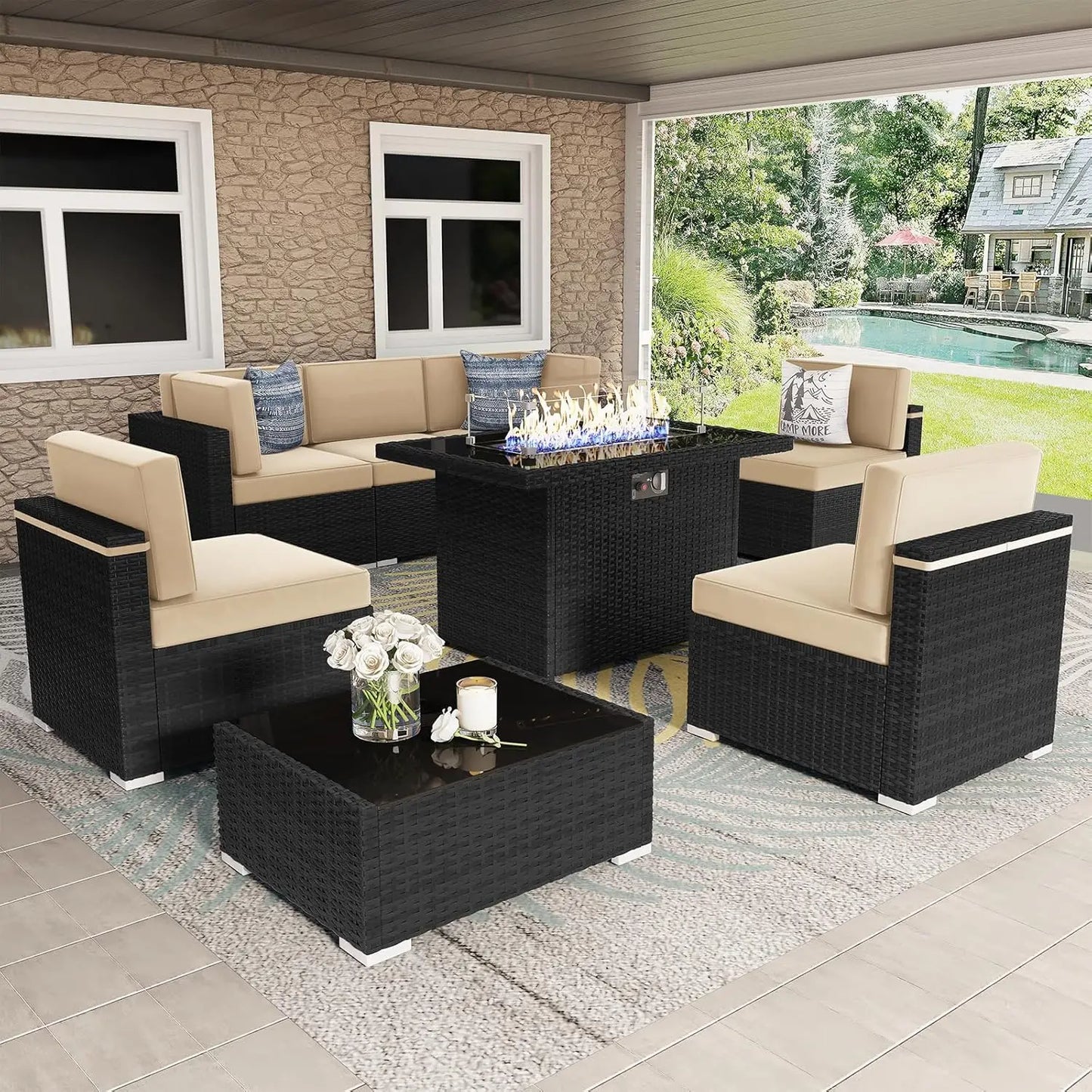 Outdoor Sectional Wicker Sofa Set with Fire Pit Table