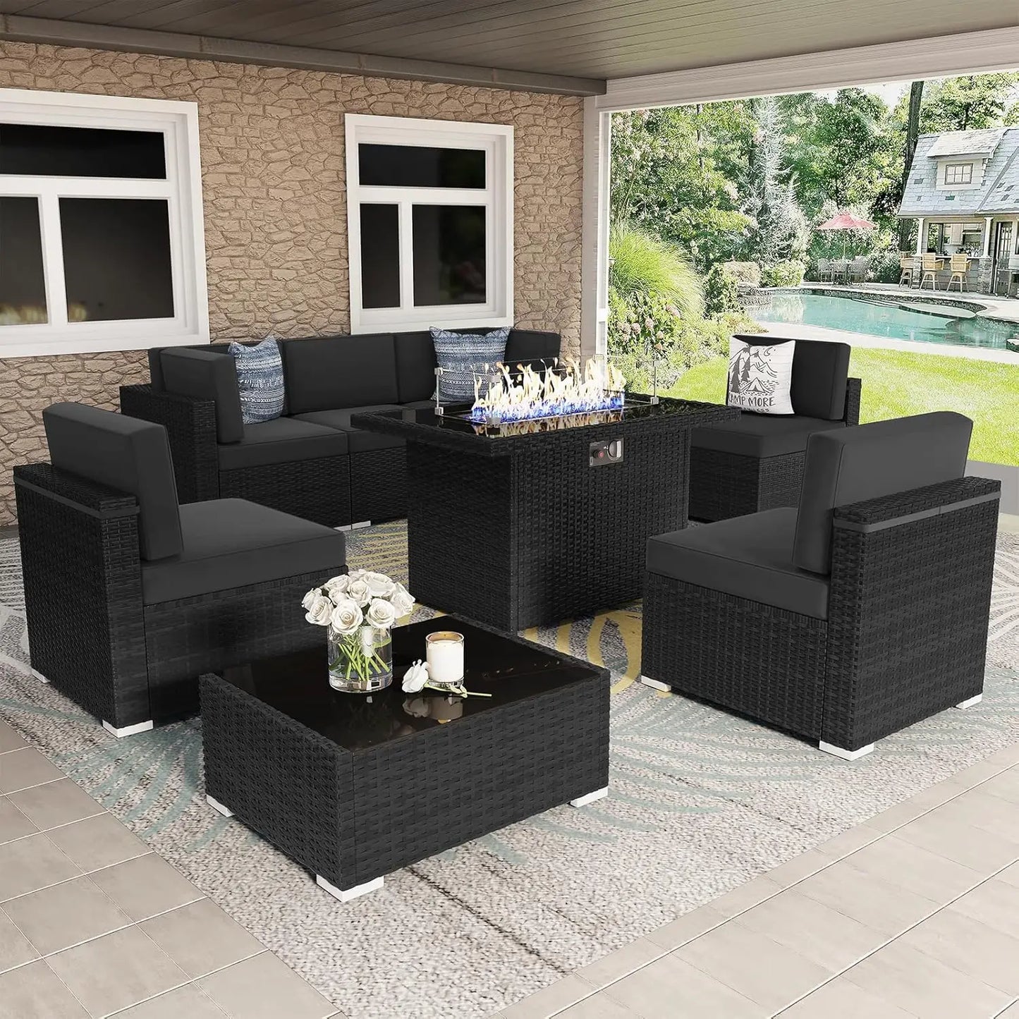 Outdoor Sectional Wicker Sofa Set with Fire Pit Table