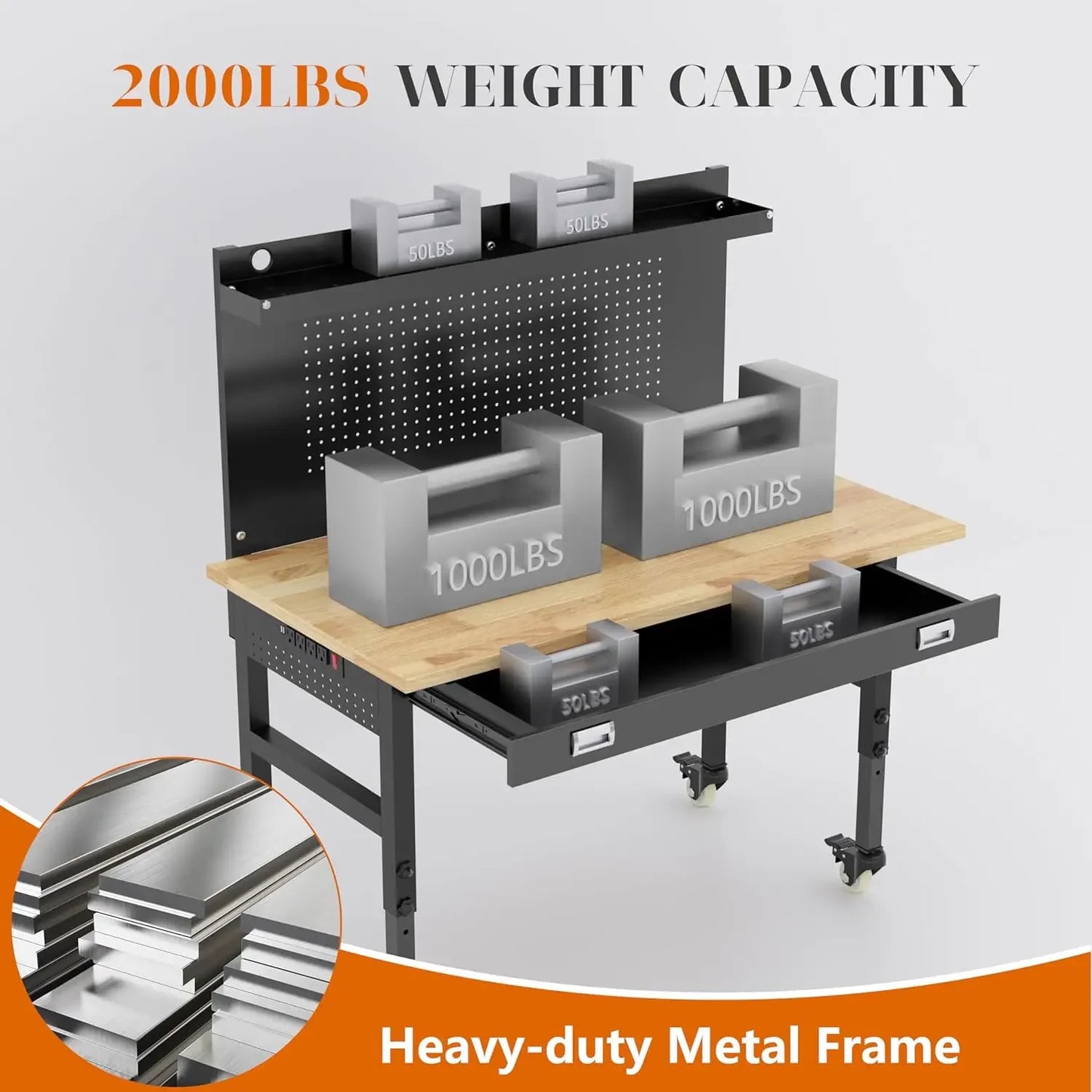 48" Heavy Duty Adjustable Workbench with Power Outlets & Lockable Wheels