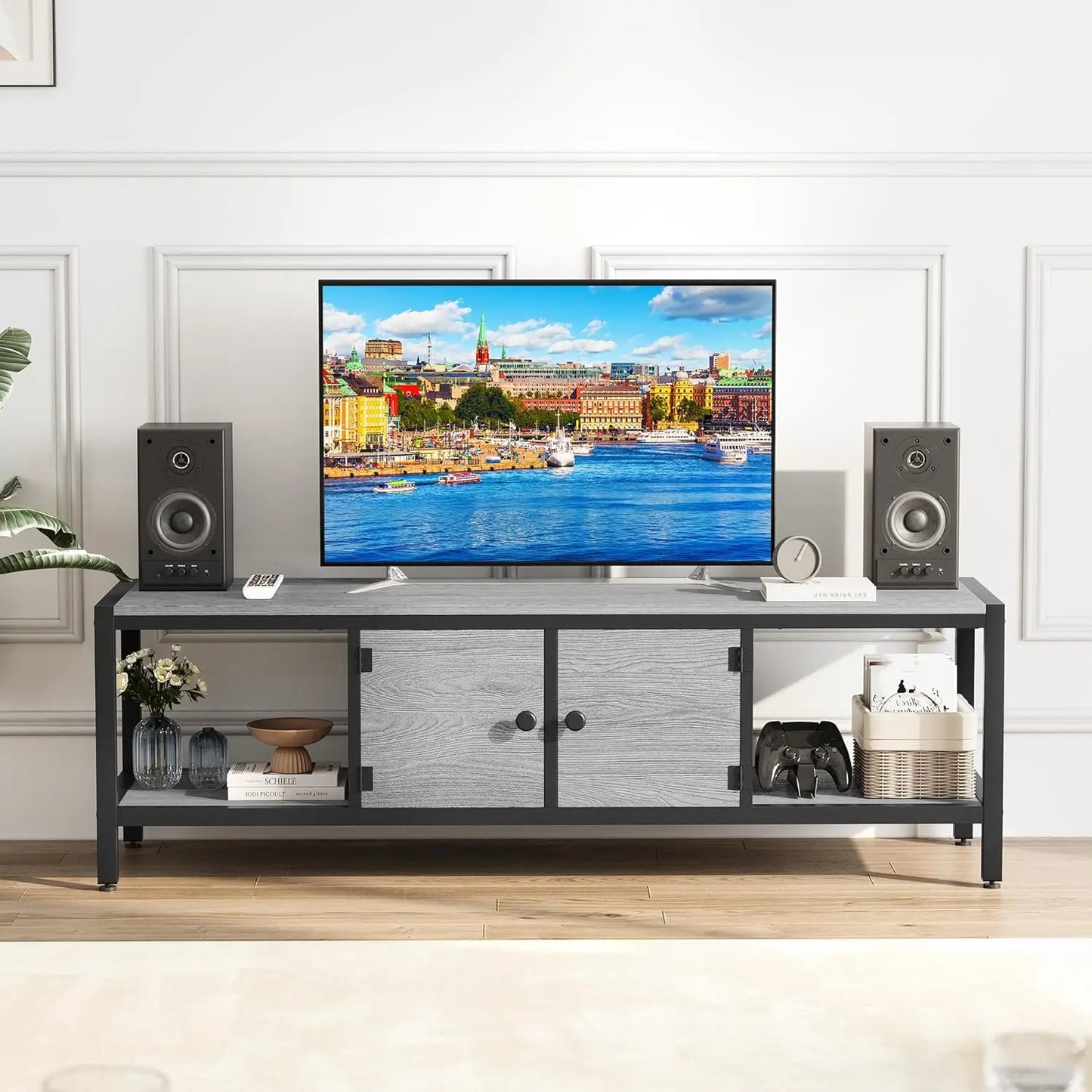 Entertainment Center with 2 Closed Storage Spaces and Open Compartments