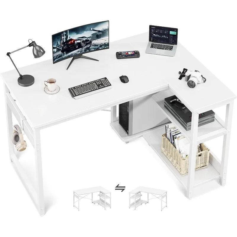 L Shaped Computer Desk with Storage Shelves & PC Stand