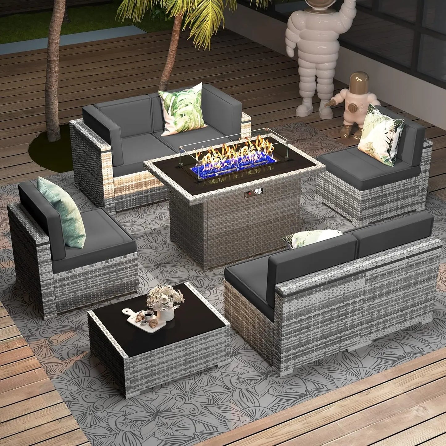 Outdoor Sectional Wicker Sofa Set with Fire Pit Table