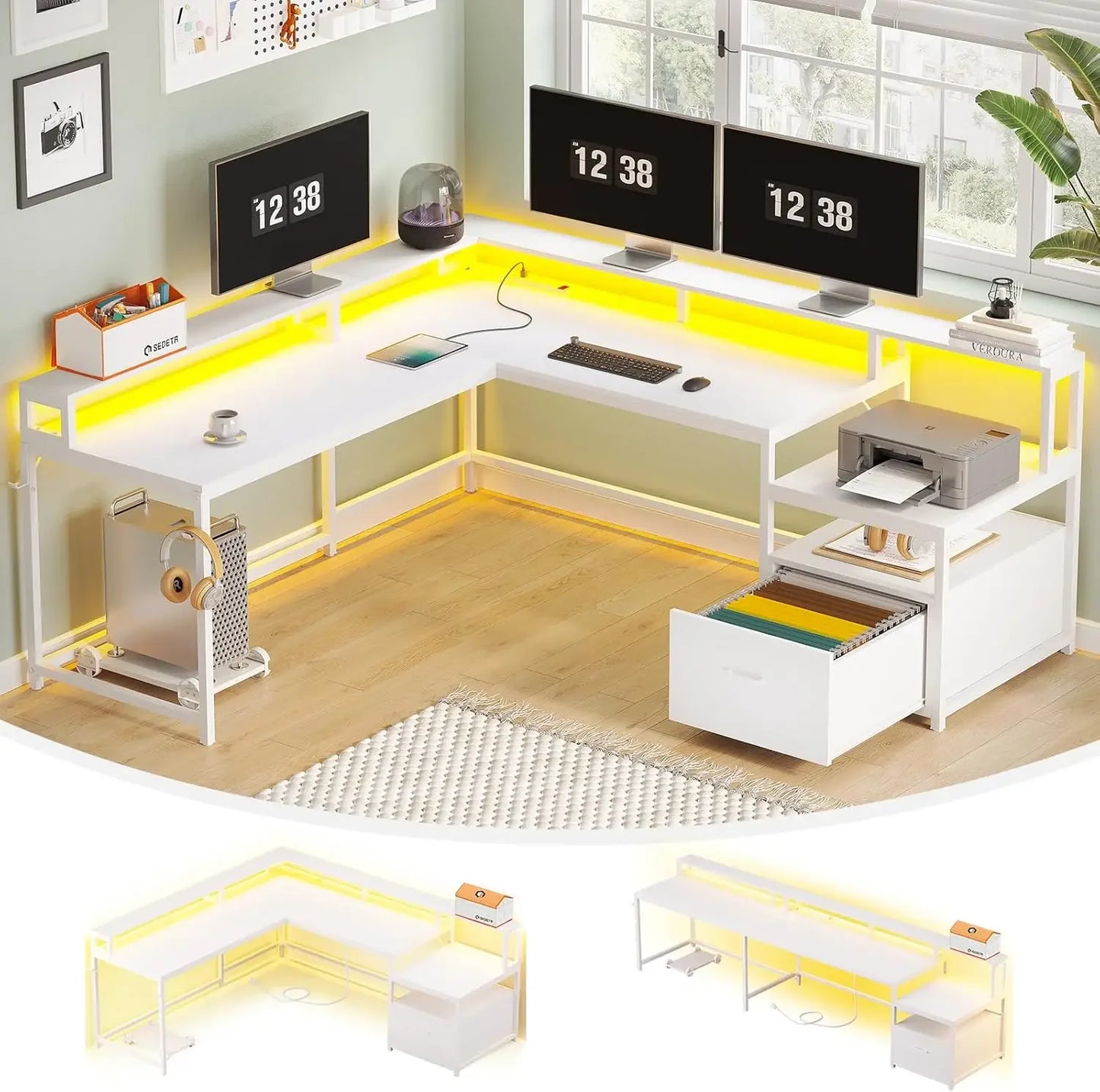 Convertible Desk with Charging Station and LED Lights
