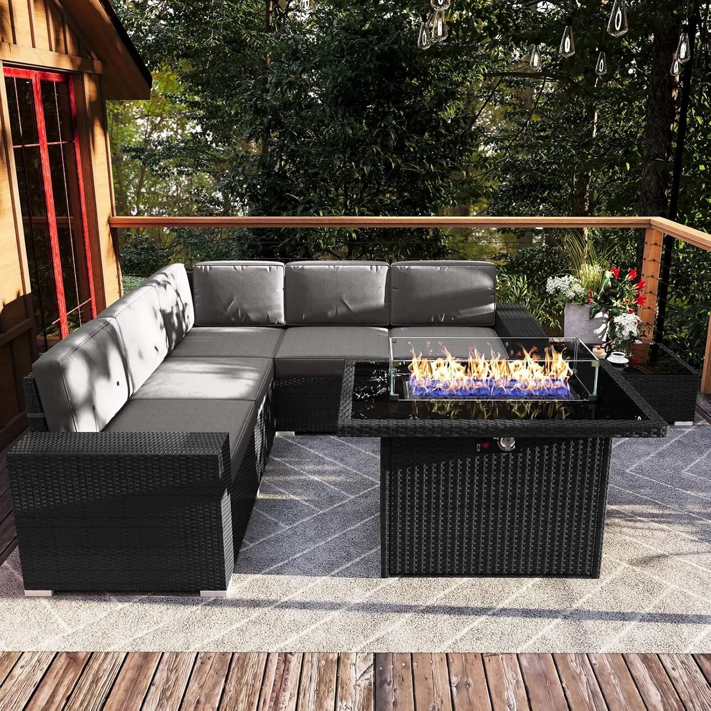 Outdoor Sectional Wicker Sofa Set with Fire Pit Table