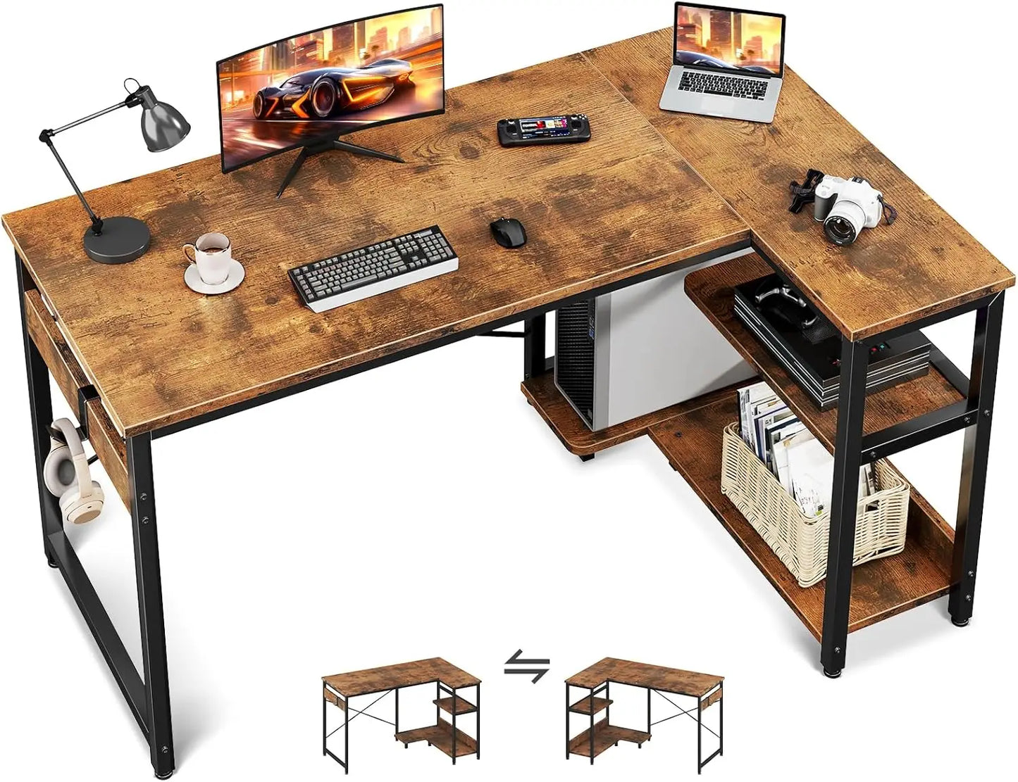L Shaped Computer Desk with Storage Shelves & PC Stand