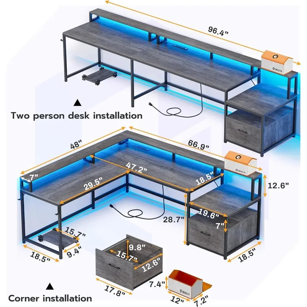 Convertible Desk with Charging Station and LED Lights