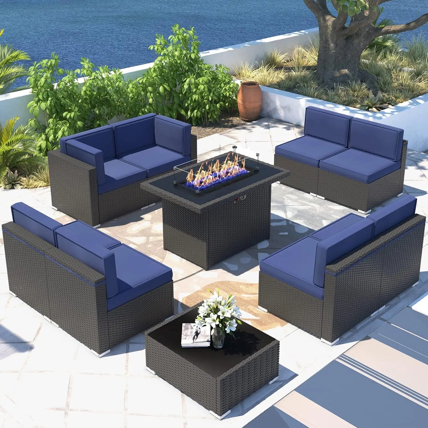 Outdoor Sectional Wicker Sofa Set with Fire Pit Table