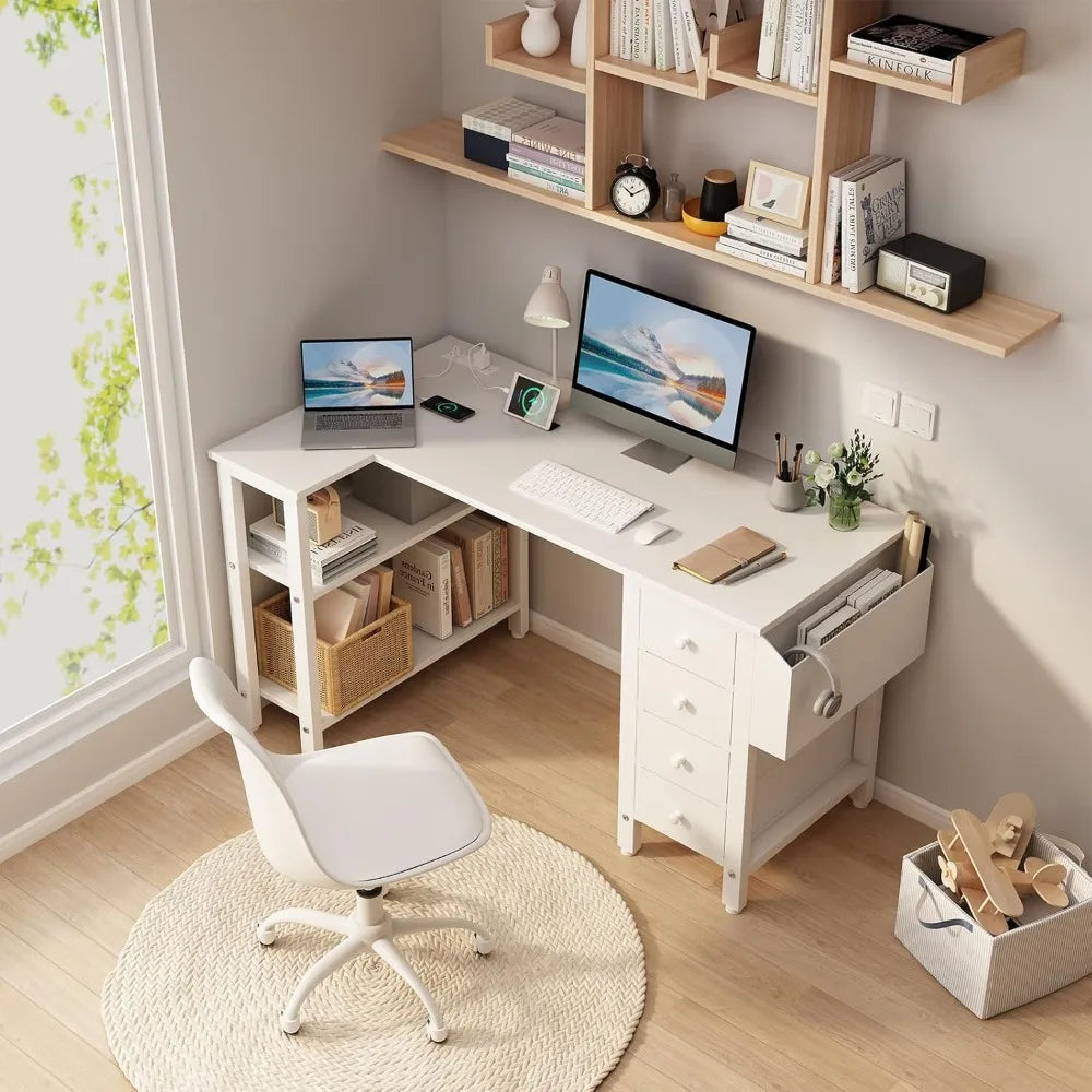 L Shaped Computer Desk with Drawers & Storage Shelves