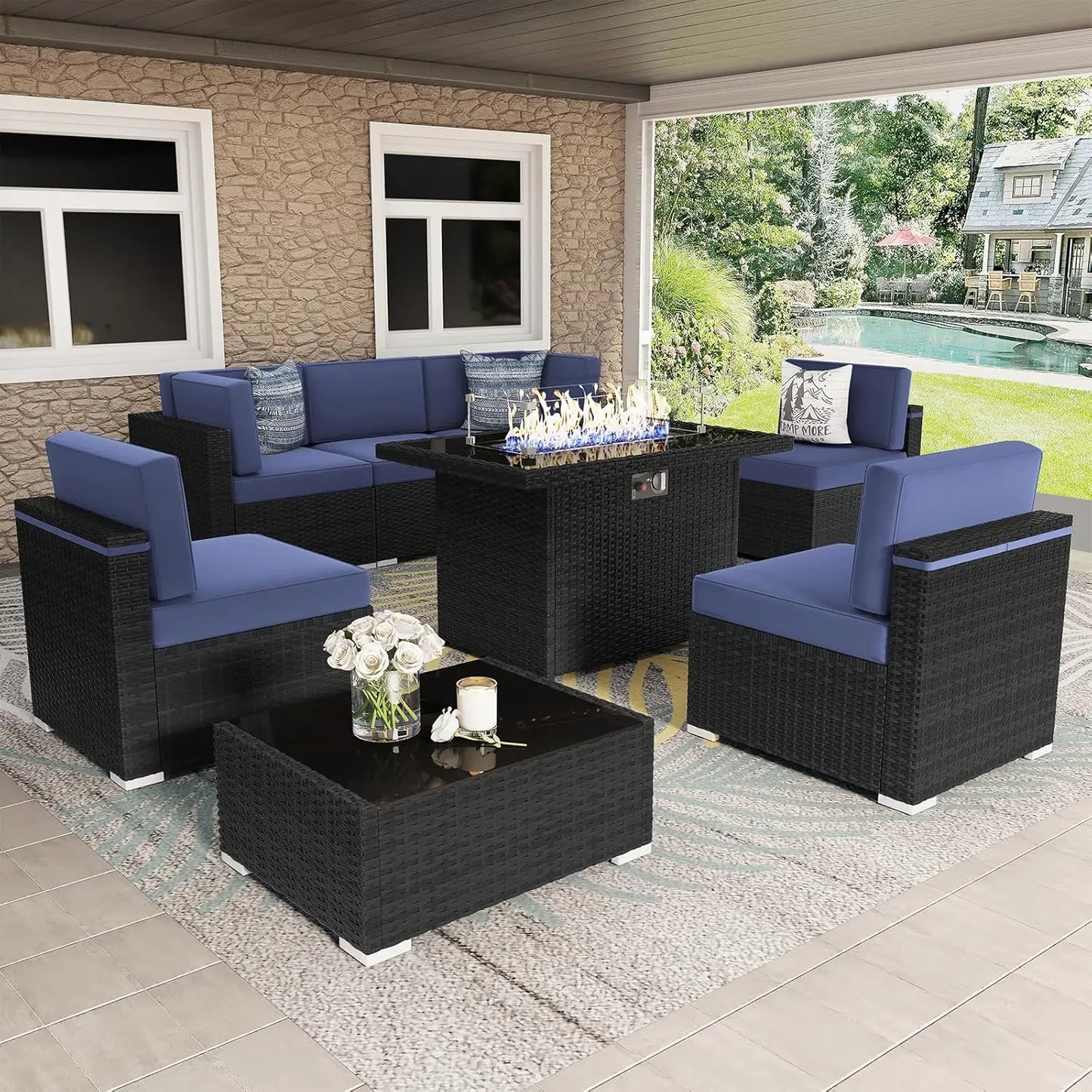 Outdoor Sectional Wicker Sofa Set with Fire Pit Table