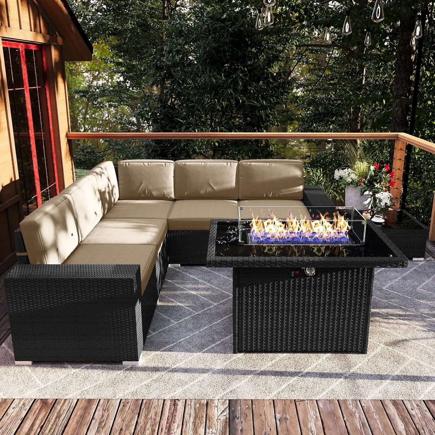 Outdoor Sectional Wicker Sofa Set with Fire Pit Table