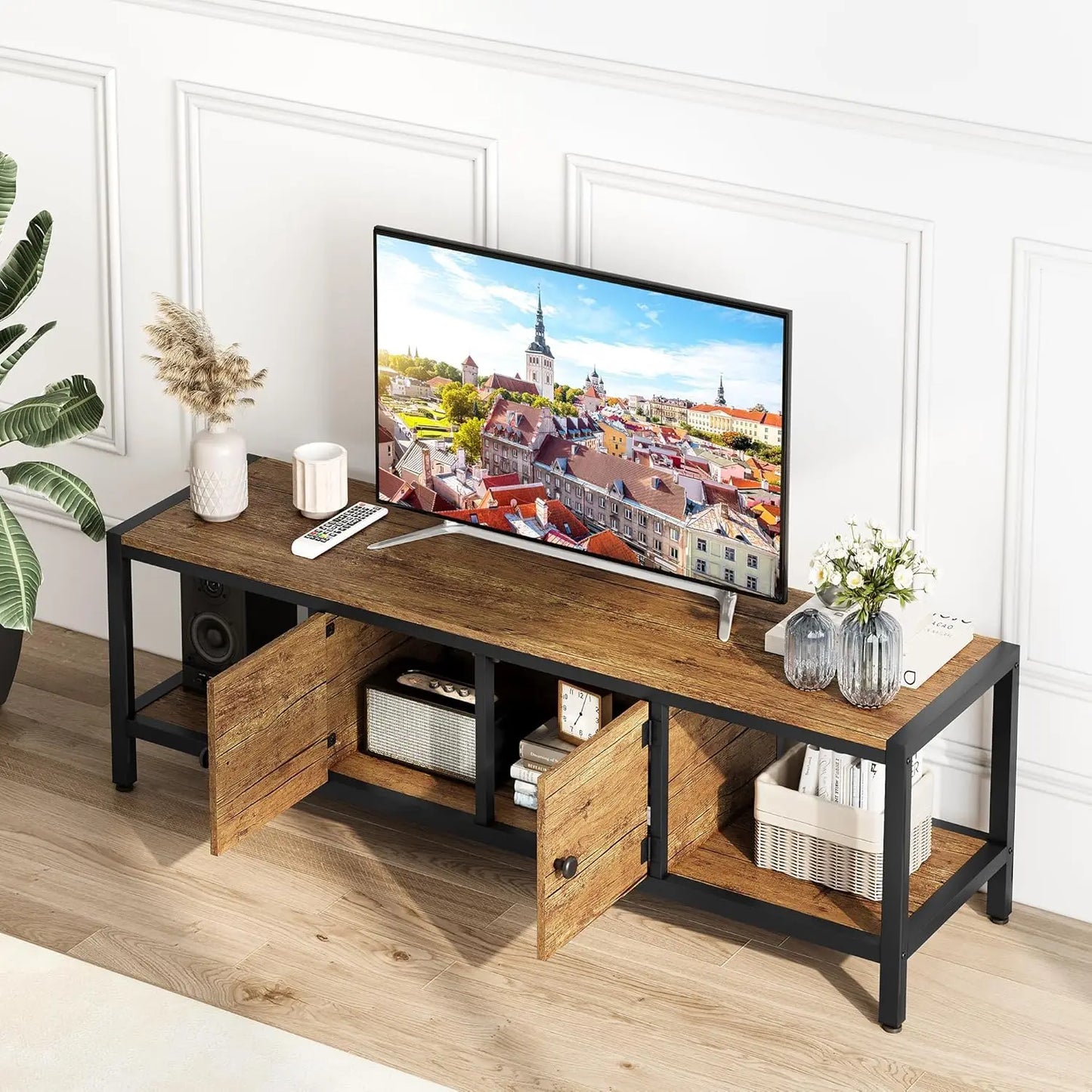 Entertainment Center with 2 Closed Storage Spaces and Open Compartments