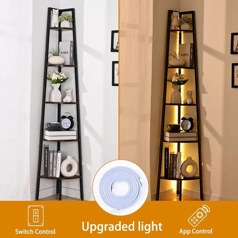 5-Tier Corner Bookshelf with LED Light