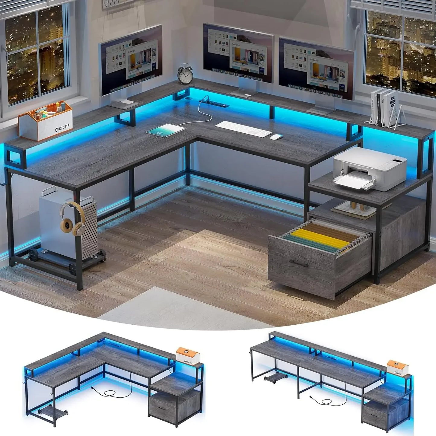 Convertible Desk with Charging Station and LED Lights