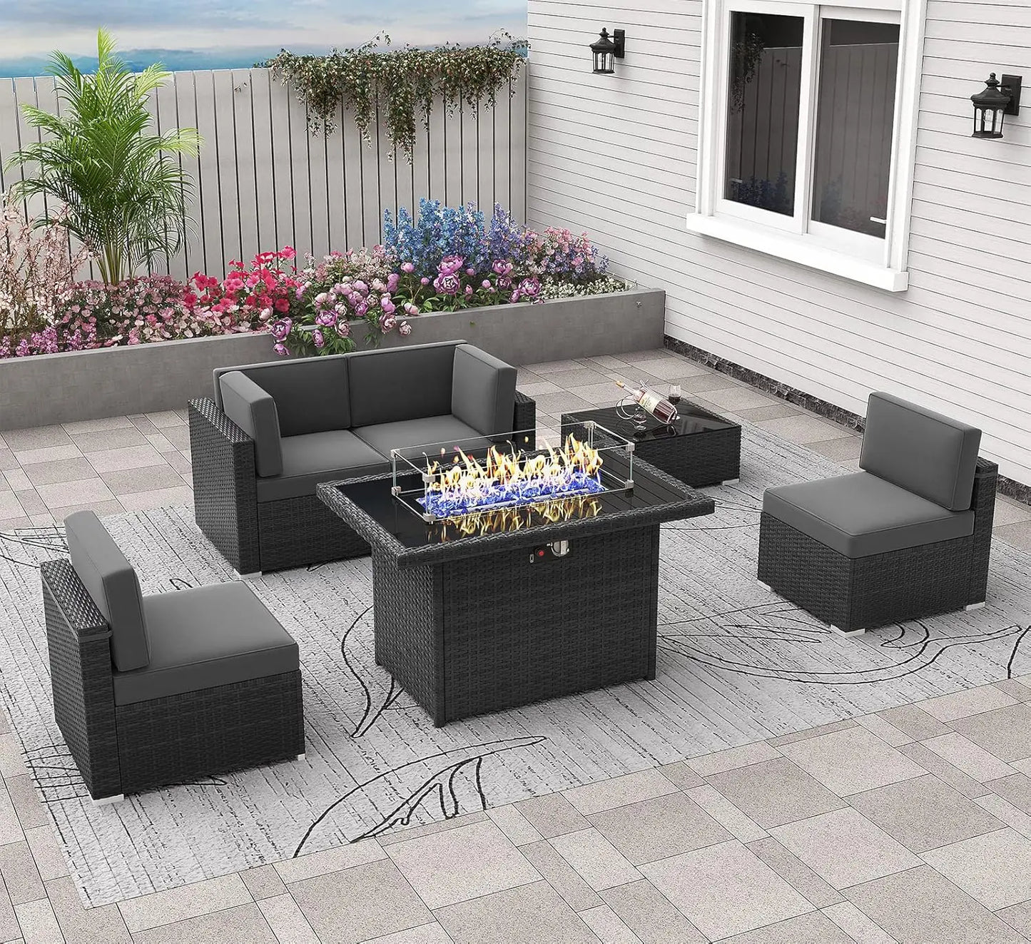 Outdoor Sectional Wicker Sofa Set with Fire Pit Table