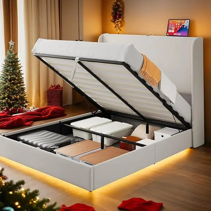 Upholstered Platform Bed Frame with Lift Up Storage and Charging Ports