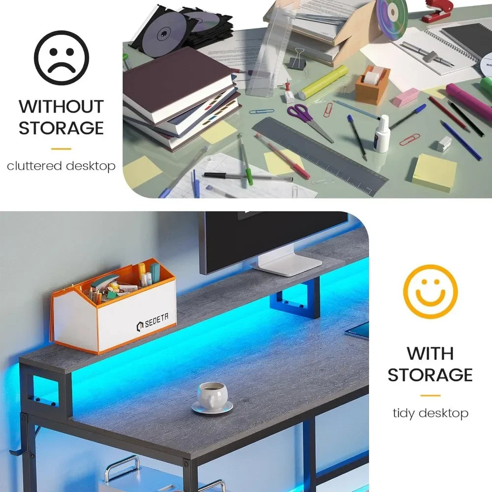 Convertible Desk with Charging Station and LED Lights