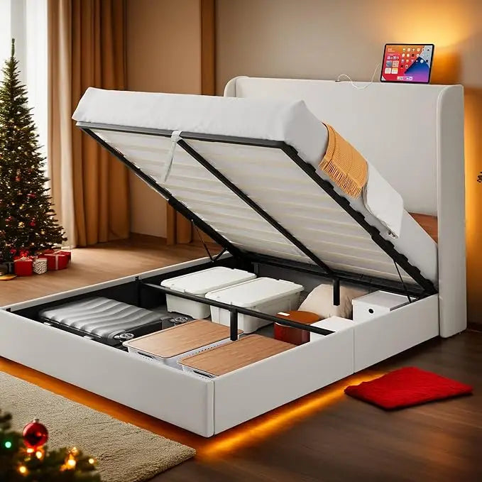 Upholstered Platform Bed Frame with Lift Up Storage and Charging Ports