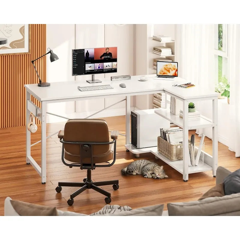 L Shaped Computer Desk with Storage Shelves & PC Stand