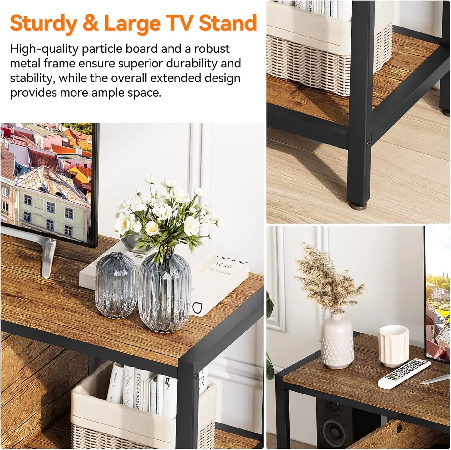 Entertainment Center with 2 Closed Storage Spaces and Open Compartments