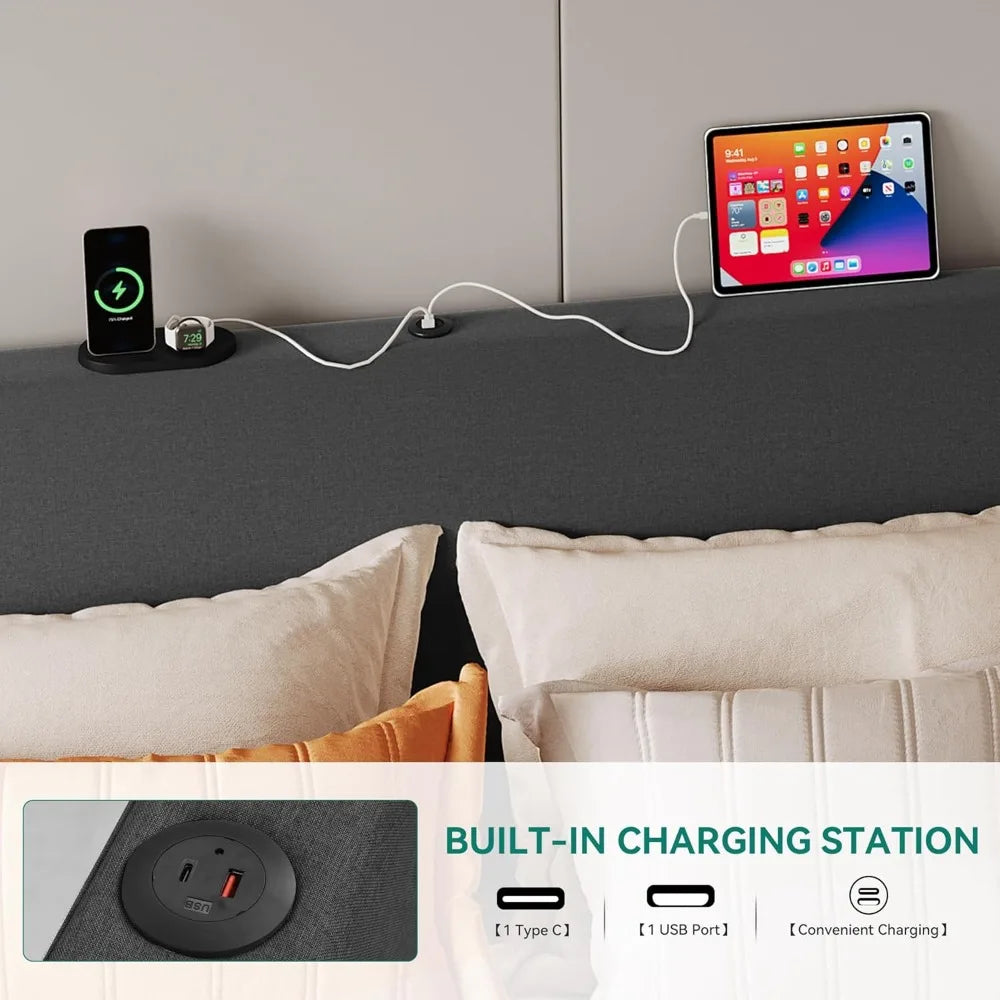 Upholstered Platform Bed Frame with Lift Up Storage and Charging Ports