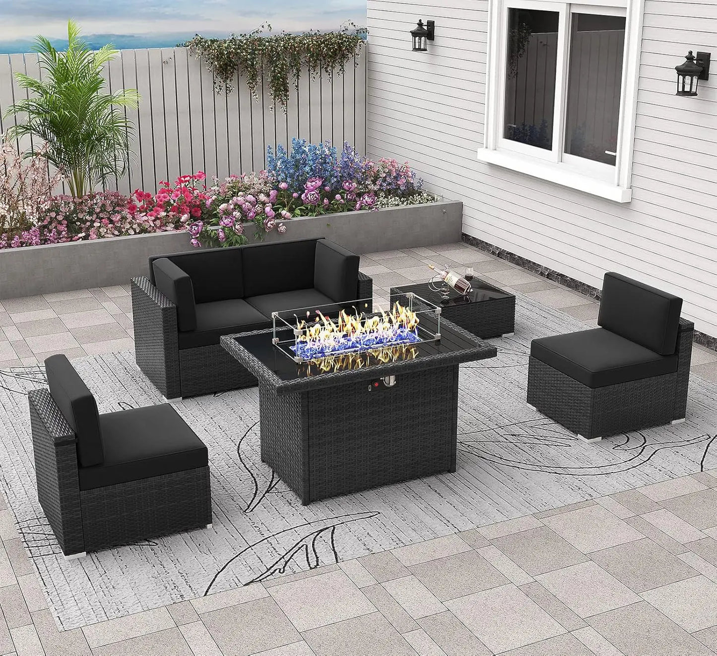 Outdoor Sectional Wicker Sofa Set with Fire Pit Table