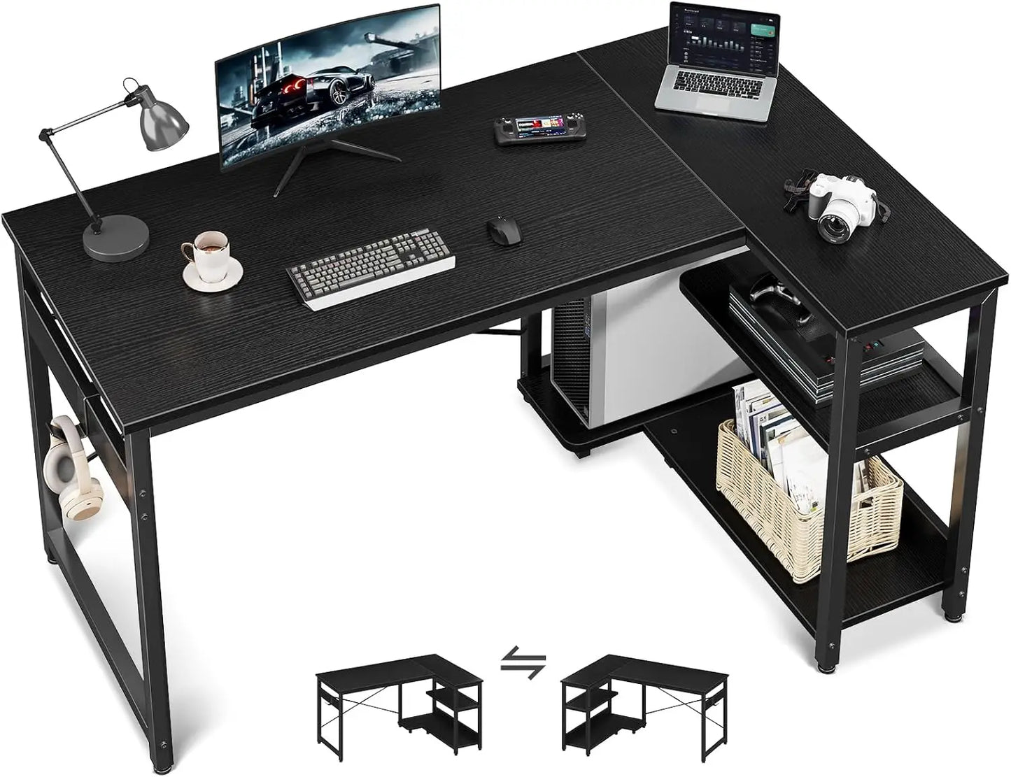 L Shaped Computer Desk with Storage Shelves & PC Stand