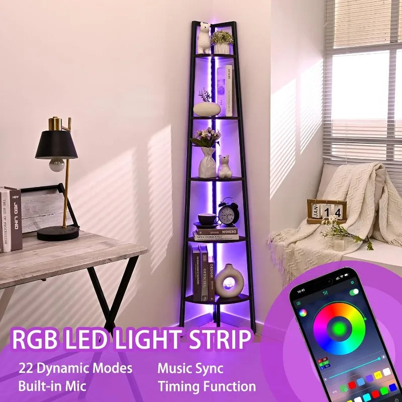 5-Tier Corner Bookshelf with LED Light