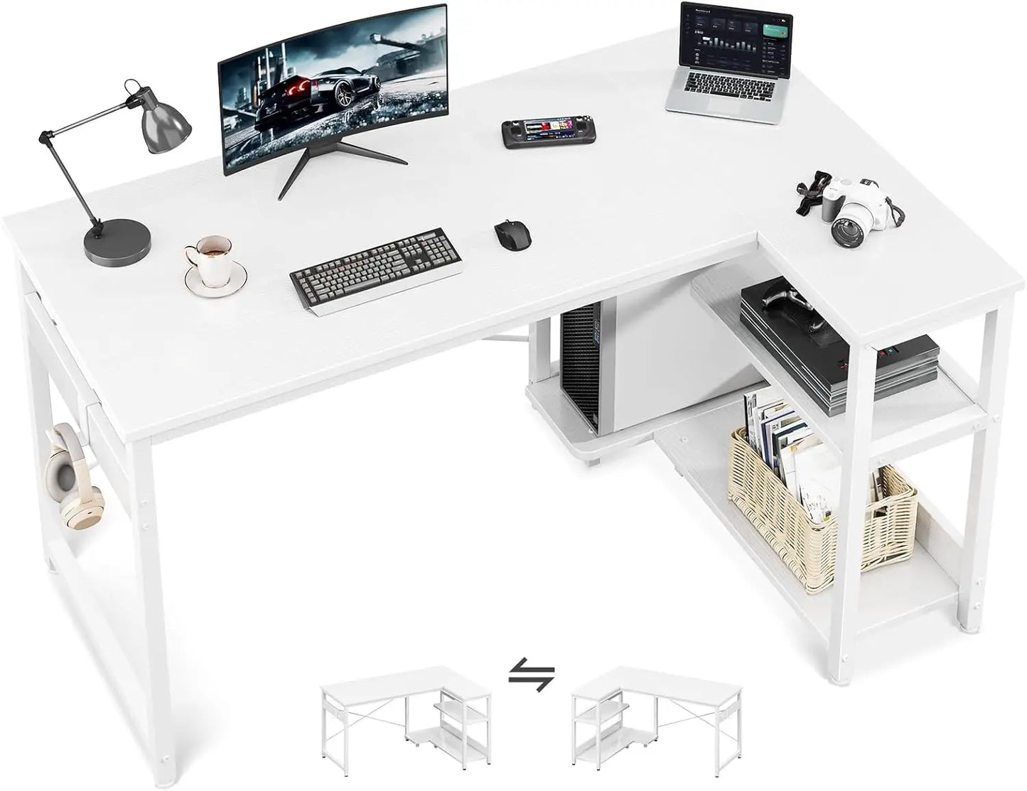 L Shaped Computer Desk with Storage Shelves & PC Stand