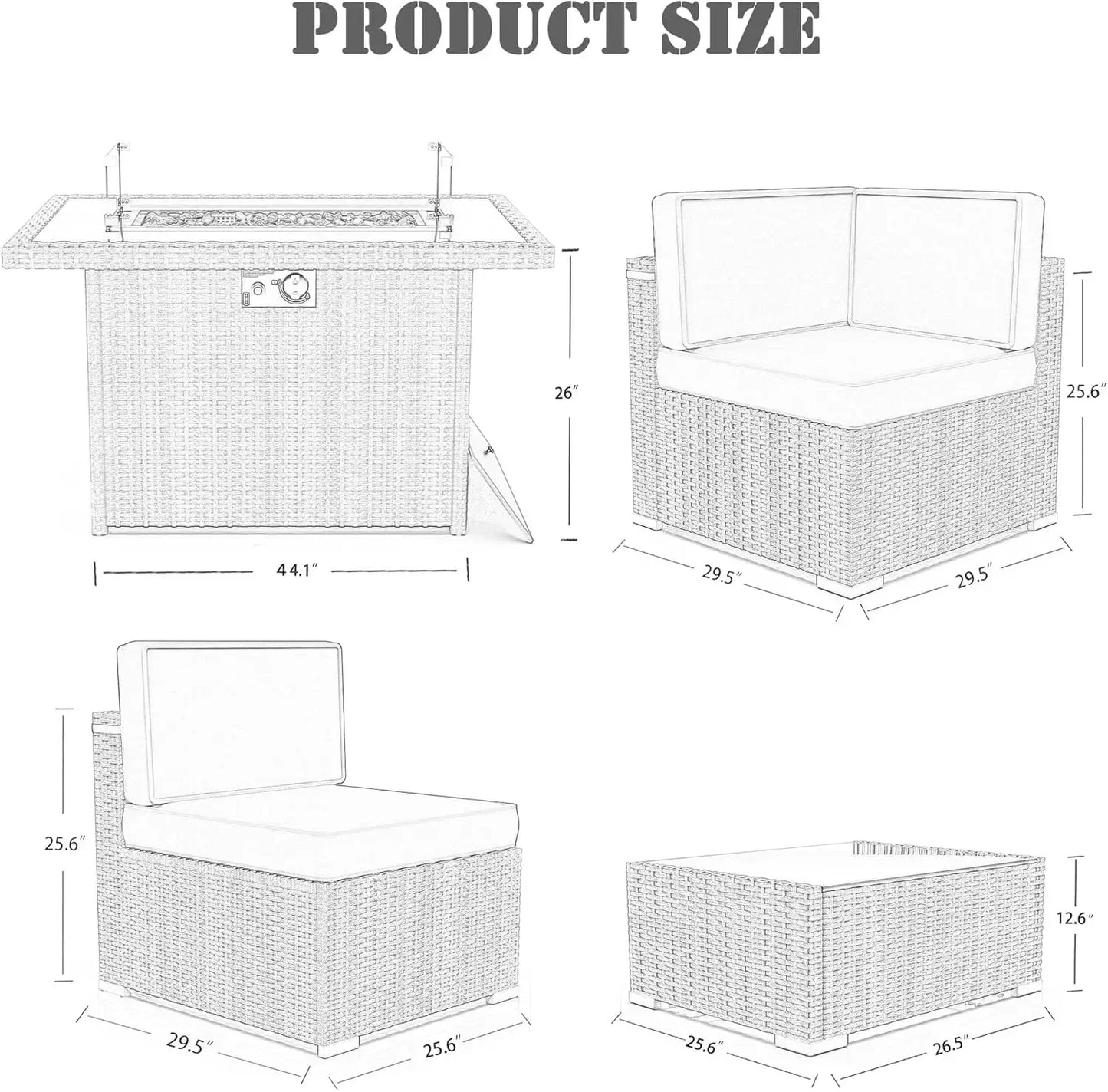 Outdoor Sectional Wicker Sofa Set with Fire Pit Table