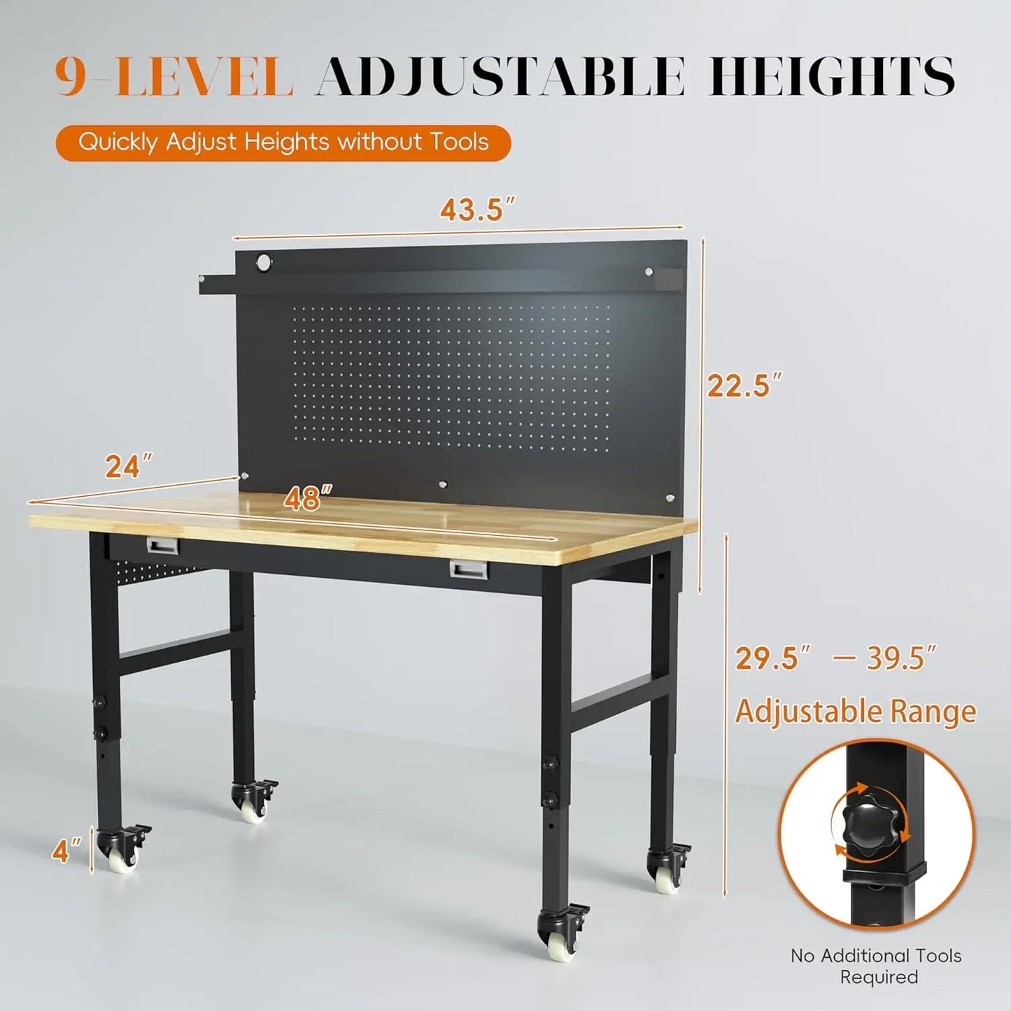 48" Heavy Duty Adjustable Workbench with Power Outlets & Lockable Wheels