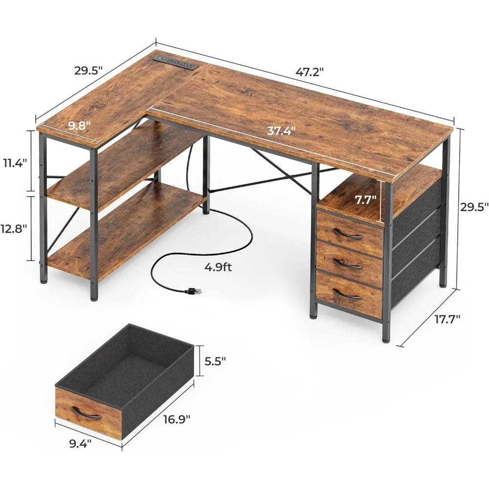 L Shaped Desk with Power Outlets and Storage