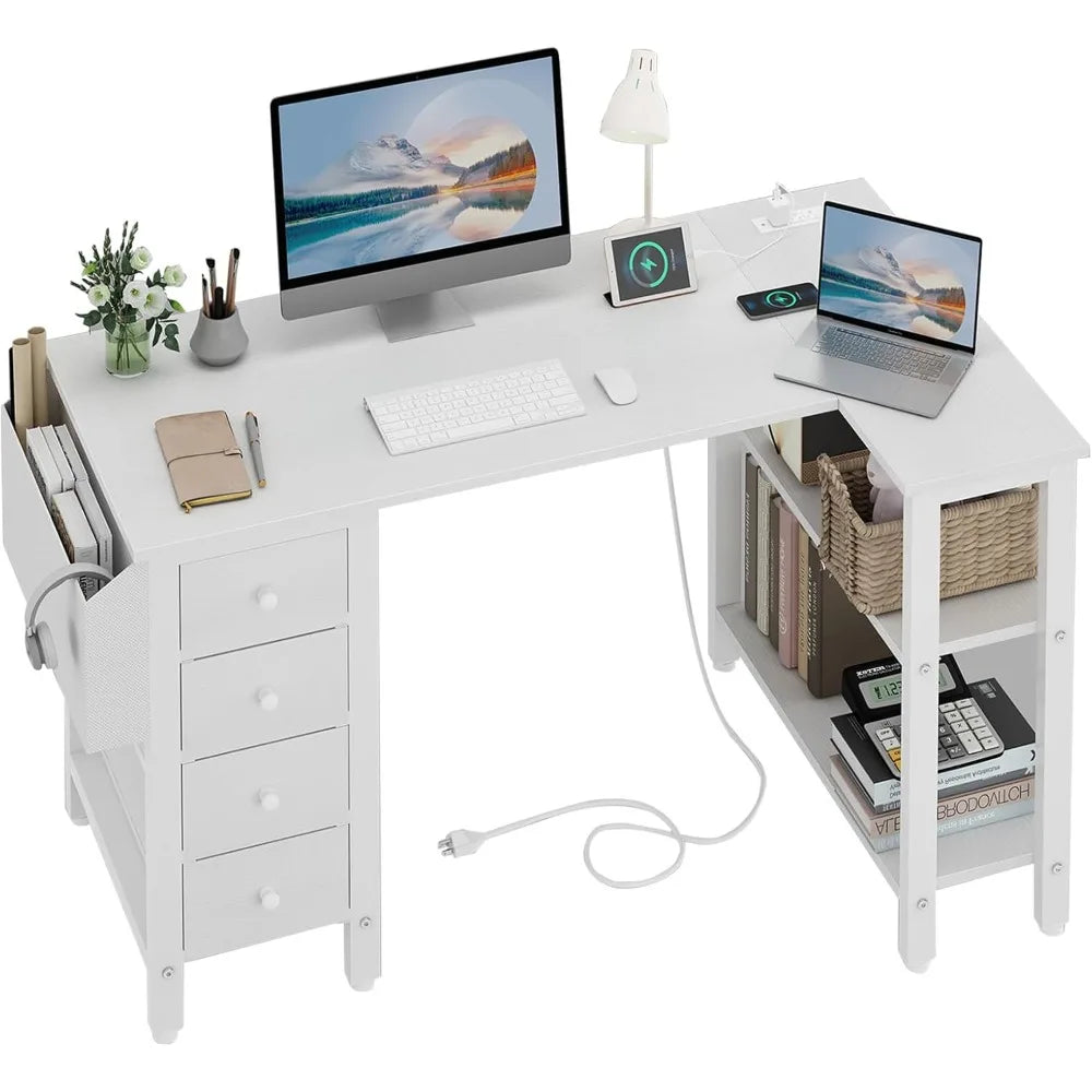 L Shaped Computer Desk with Drawers & Storage Shelves