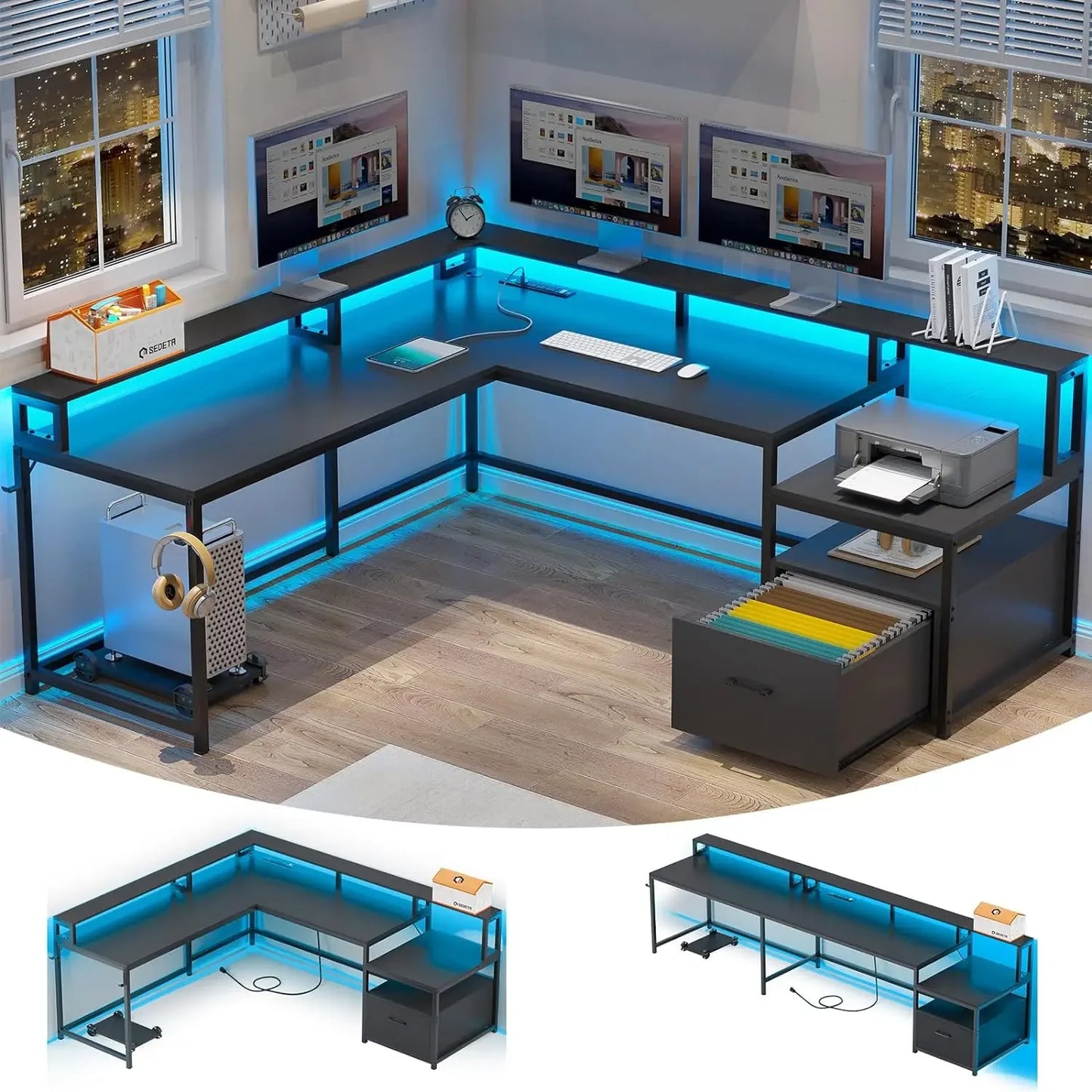 Convertible Desk with Charging Station and LED Lights